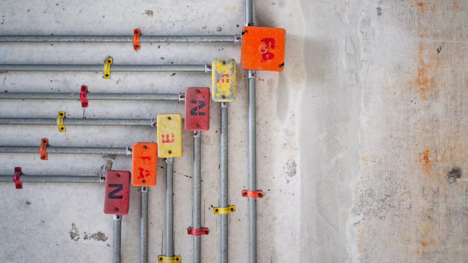 Plumbing pipes routed through structural openings in a commercial building